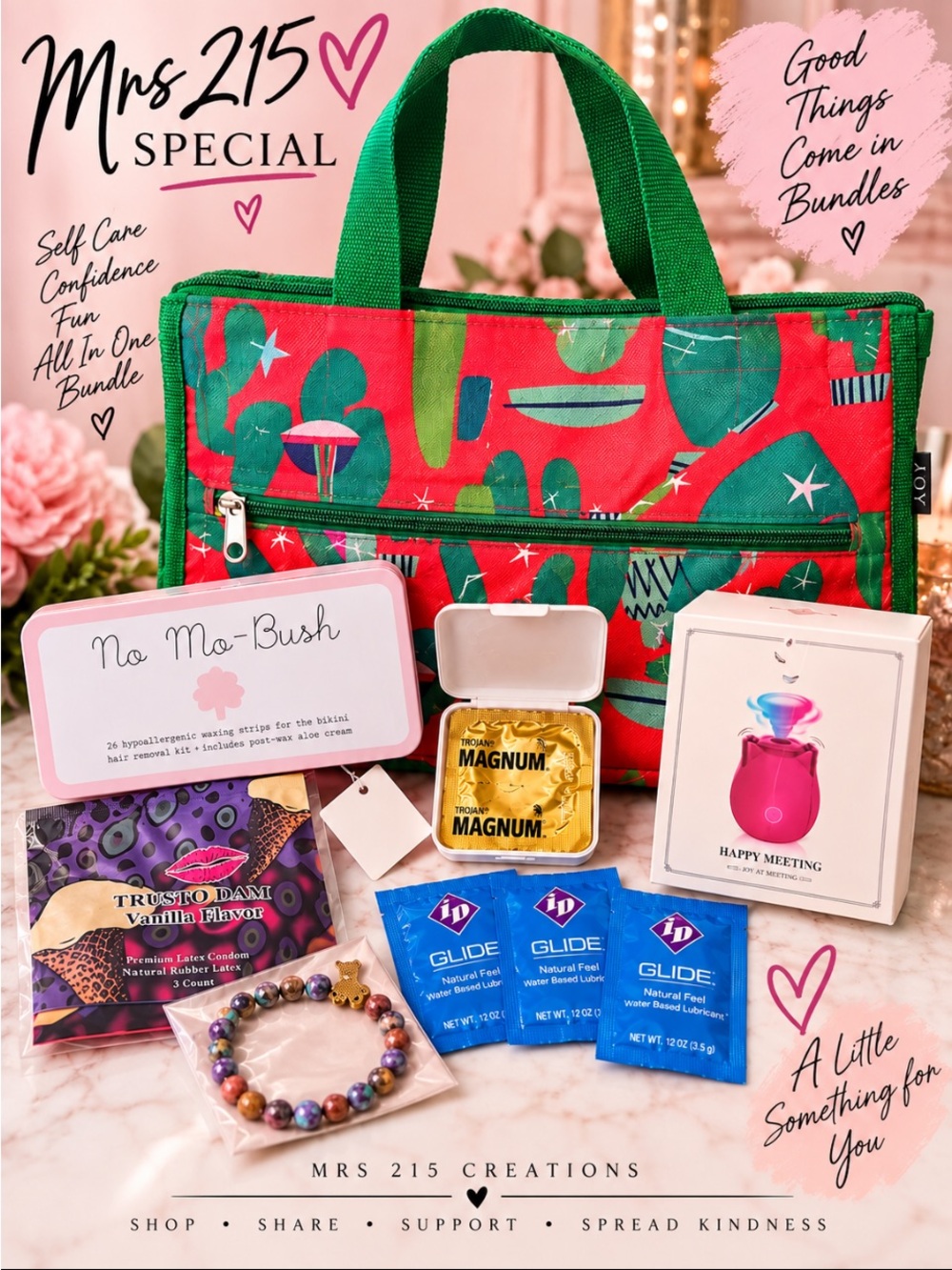 Mrs 215 Special Self-Care Bundle — Red & Green Tote with Hair Removal Strips
